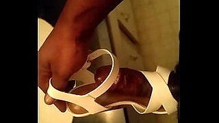 Cumshot on wife's flower high heel shoes