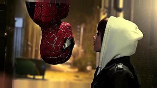 Dark-skinned woman gives Spiderman a passionate blowjob outdoors.