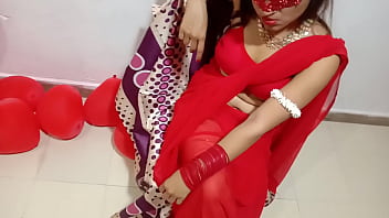 Newly Married Indian Wife In Red Sari Celebrating Valentine With